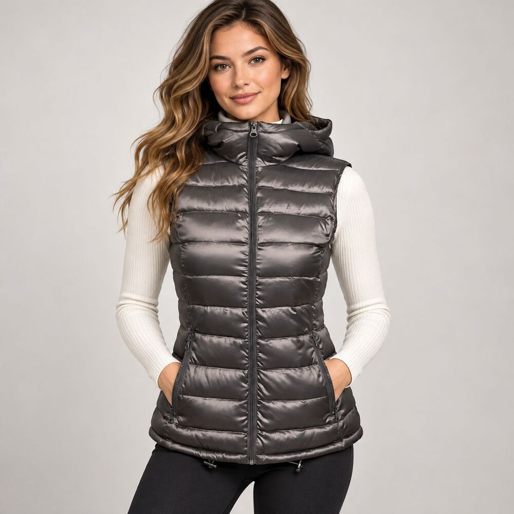 Bernardo Goose Down Puffer Vest XS Metallic Gray Champagne Hooded Double Zip